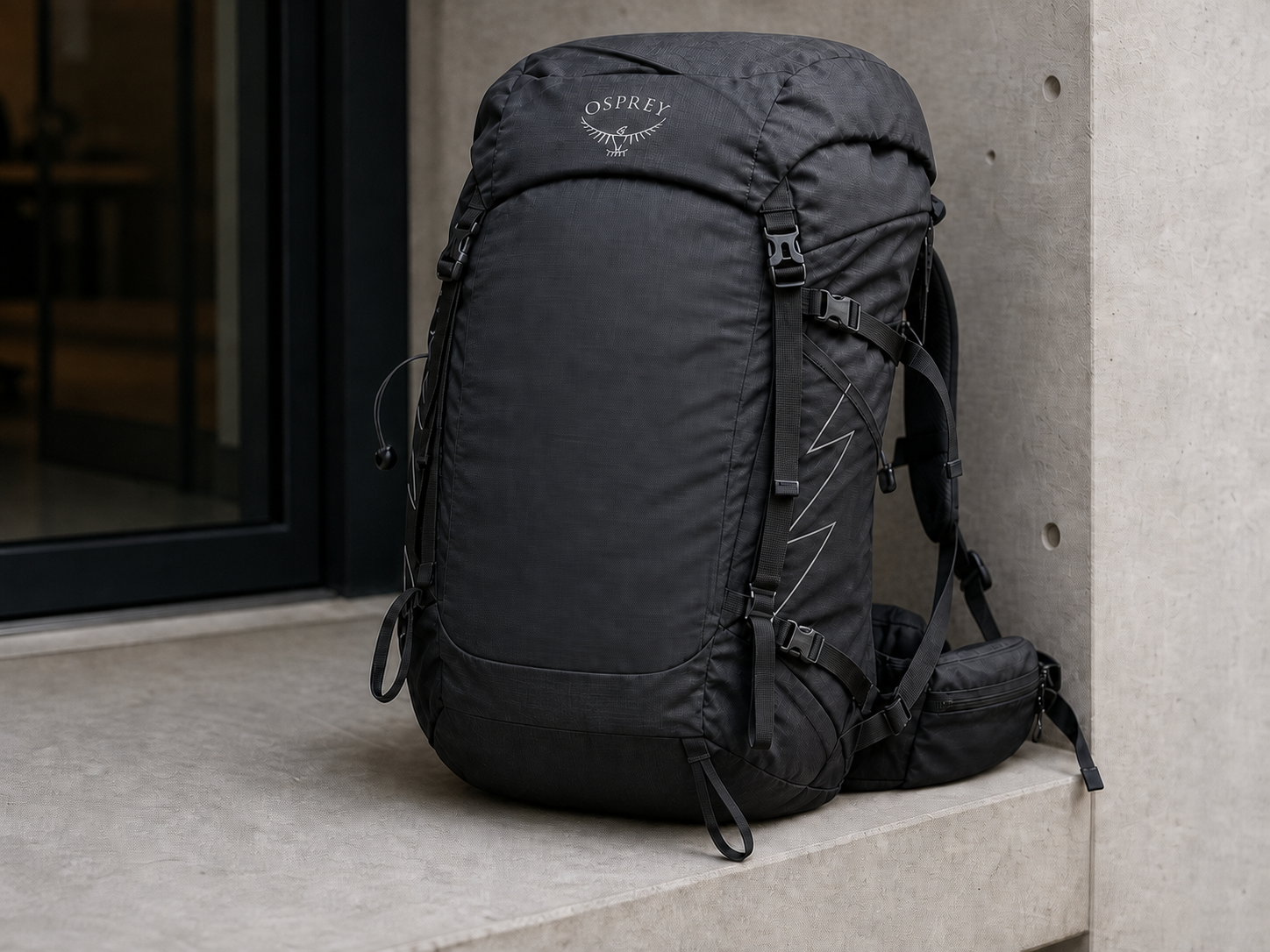 Charcoal Osprey backpack with six sponsor positions